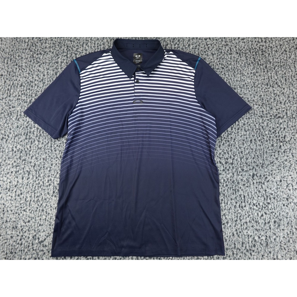 Oakley Polo Shirt Mens XL Navy Blue Gradient Stripe Regular Fit Golf Top